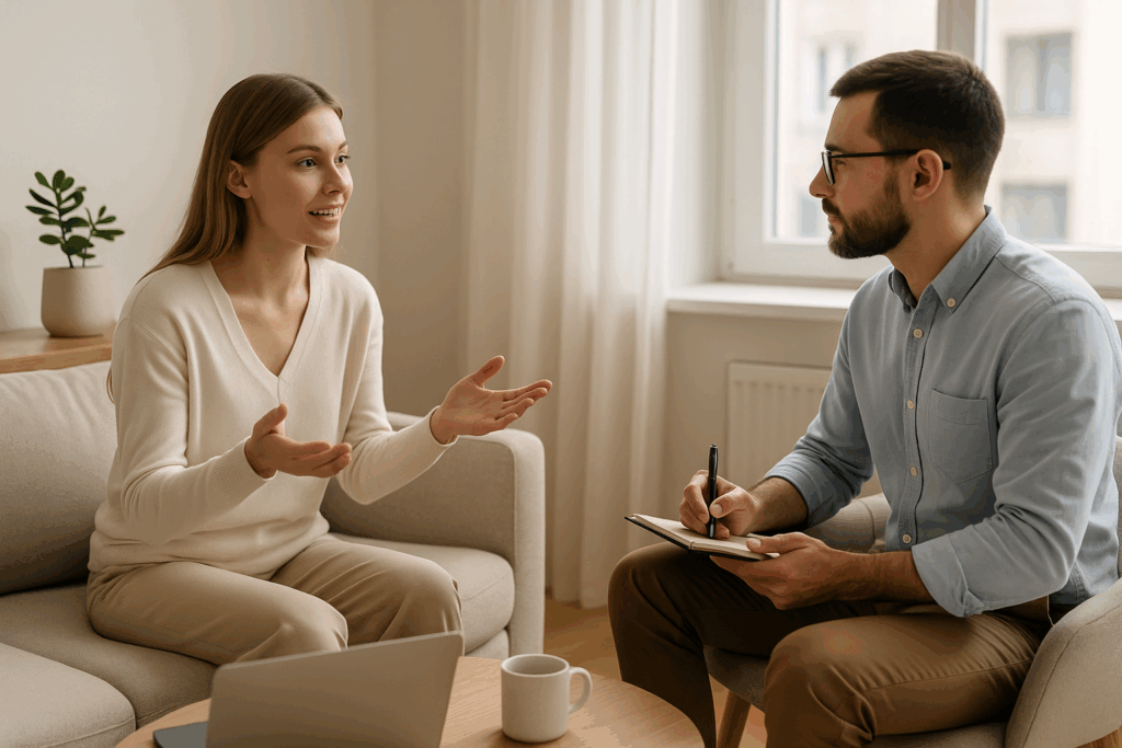 Mujer joven en sesion de coaching buscando soluciones a su situacion laboral
