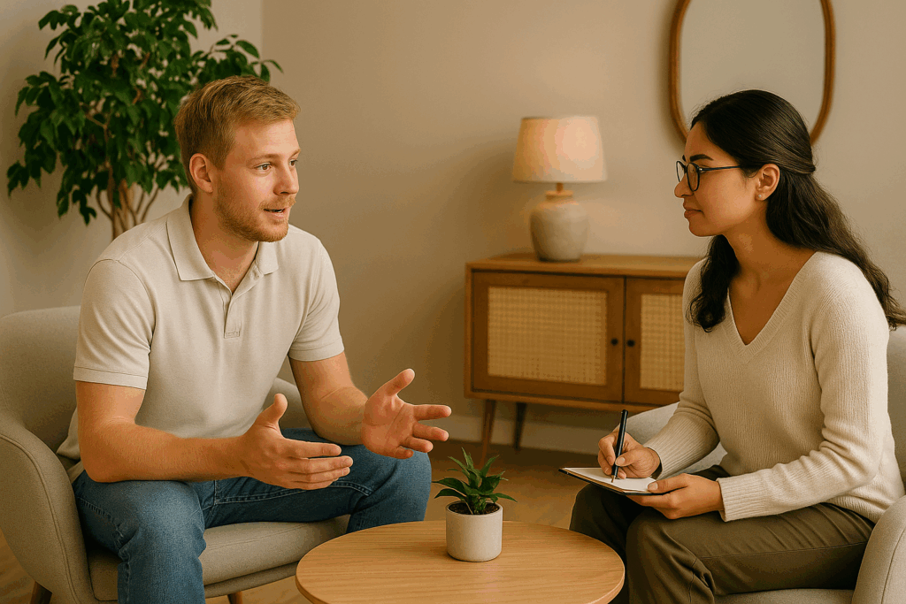 Adulto joven en sesion de coaching para enfocarse en un cambio laboral